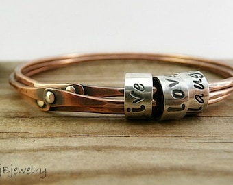 Personalized Jewelry, Personalized Bangle, Copper Bangle, Mixed Metal Bangle, Personalized Gift, Custom Hand Stamped, Custom Bracelet