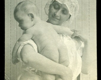 Sweet Mother & Baby Bare Bottom Vintage Photo Black and White Antique Photograph