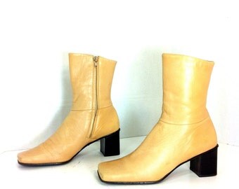Minimal Leather Ankle Boots 8 - Camel Leather Chunk Heel Boots 8 -Etienne Aigner