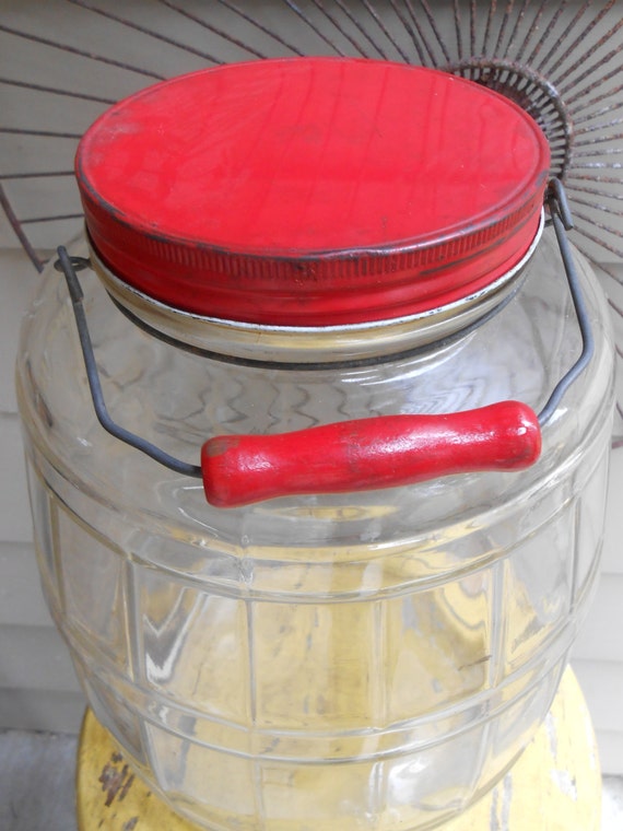 RESERVED Large Vintage Glass Pickle Jar with Red Lid and Wood