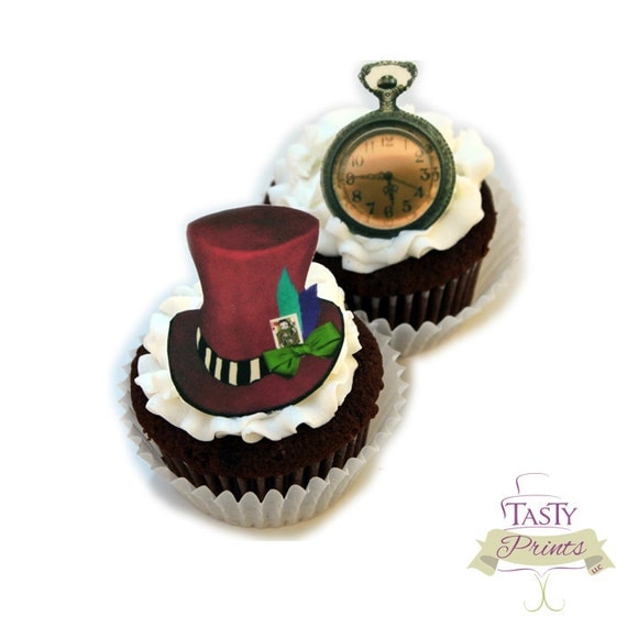 Edible Mad Hatter decorations - 12 count - Tea Party Cupcake Topper and Cake decorations Il_570xn