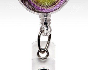 Peacock Feather , Designer Retractable ID Badge Holder, Name Badge Holder, Unique Retractable ID Badge Holder, Name Badge Clips 168