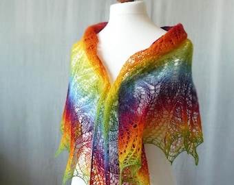 Knit Rainbow triangular shawl, hand knit shawl