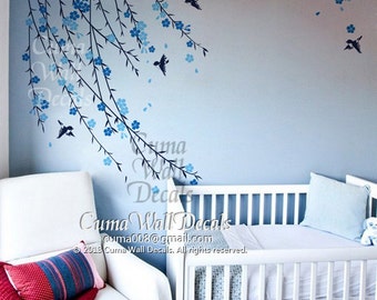 baby boy tree wall decal Nursery wall decal and birds blue cherry blossom birds wall decals tree - Z151 by cuma