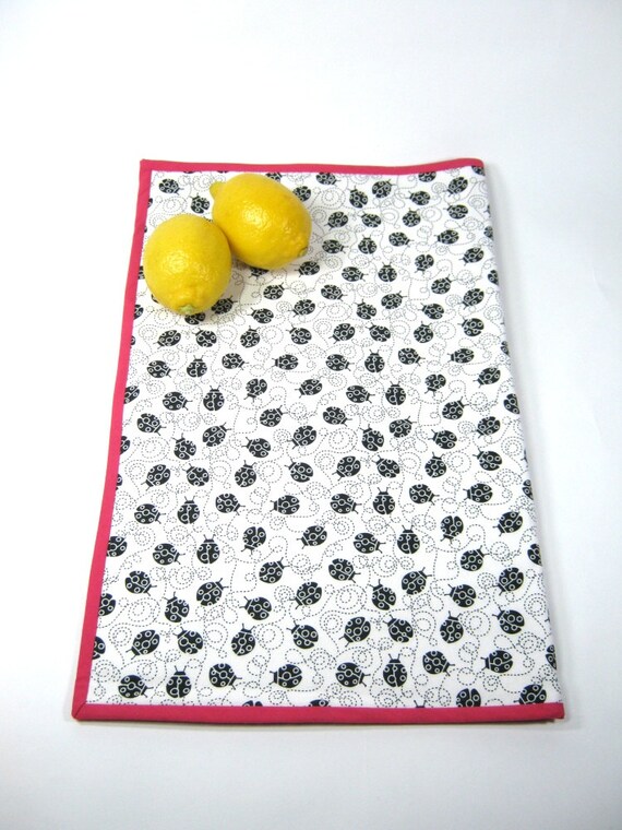 Pink black white dish drying mat Ladybug print by HereAtSmallGoods
