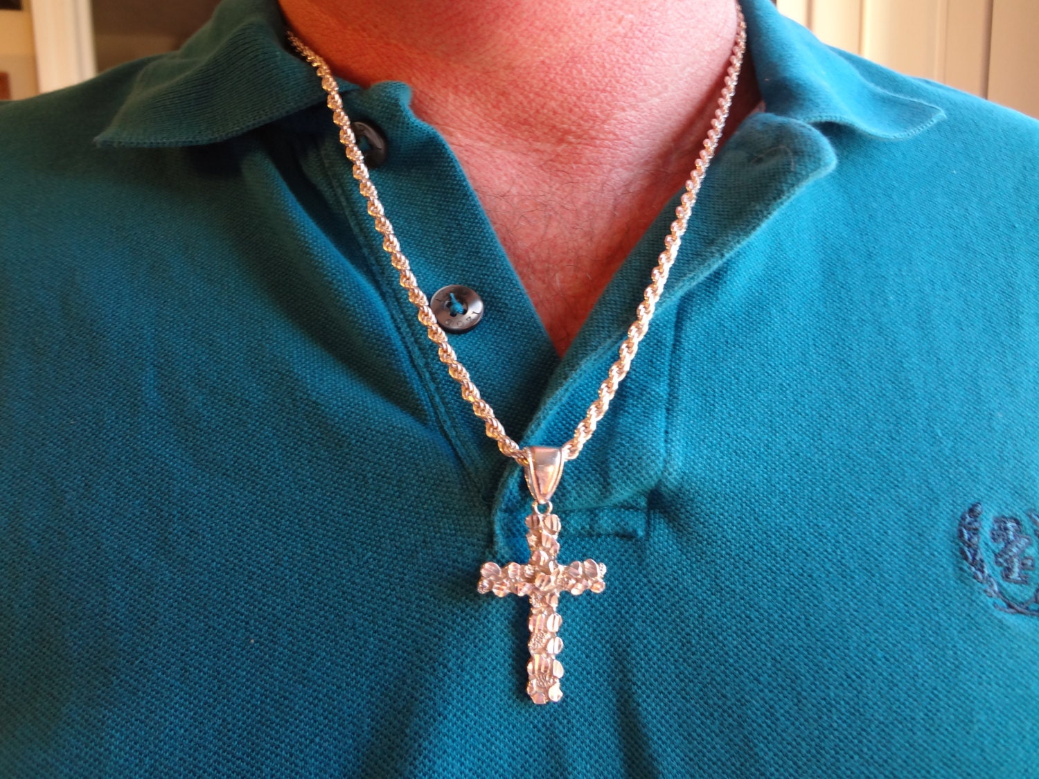 Mens Silver Cross Necklace 24 inch Rope Chain 925 Sterling