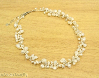 White freshwater pearl necklace with crystal on silk thread, Bridal necklace, Wedding jewelry
