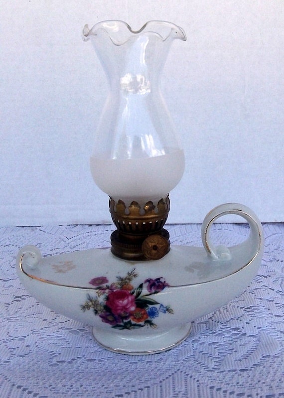 Vintage Floral Miniature Porcelain Oil Lamp Made in Japan