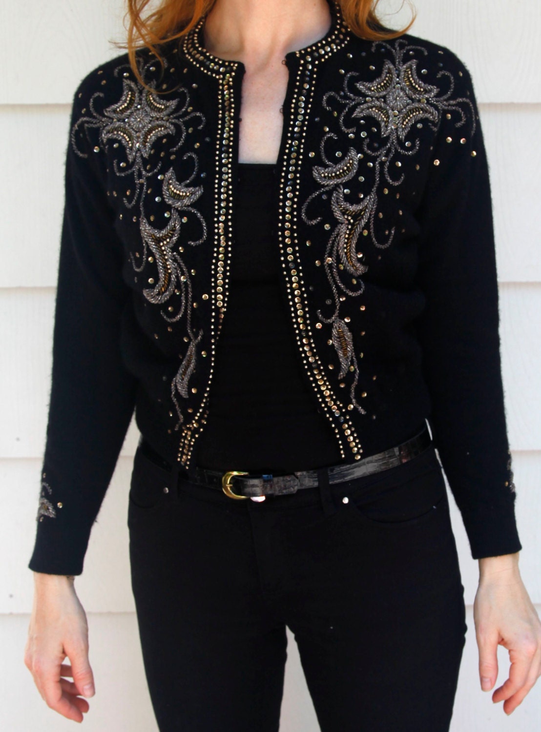 SALE Vintage beaded cardigan. 1950s black by IfYouPleaseVintage