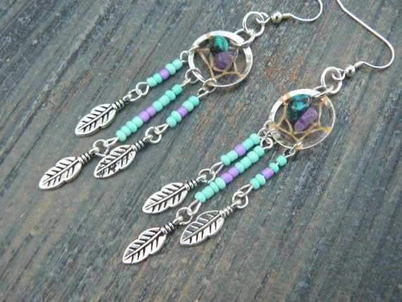 turquoise and amethyst dreamcatcher earrings  in tribal inspired  tribal fusion boho belly dancer and hipster style