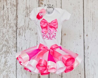 Baby Girl's 1st Birthday Outfit-Onesie or T-Shirt with 3D Present Detail & Age Number and Light Pink, White and Hot Pink Ribbon Trim Tutu