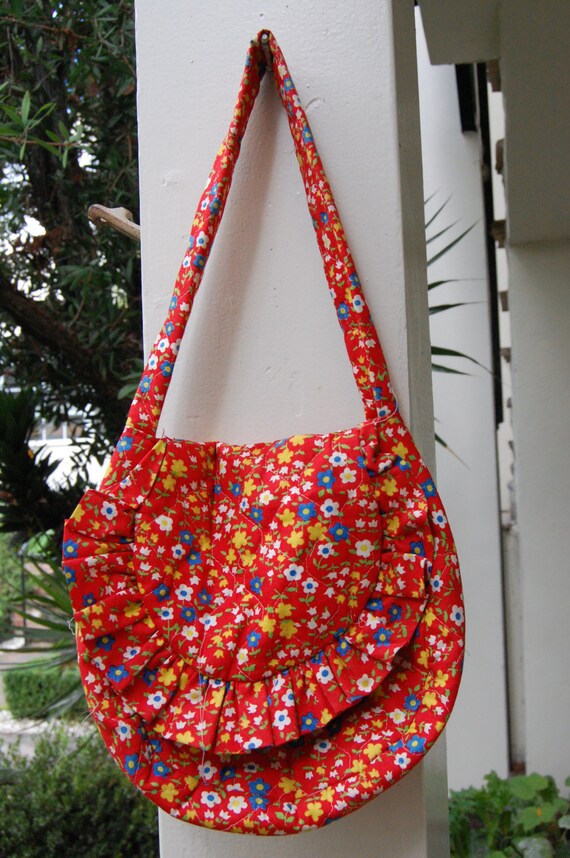 1970s Red Hippie Quilted Purse Floral bag by HoneyAnneVintage