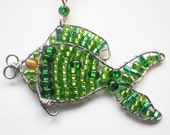 Fish Charm- Green- Beaded- Free Formed Wire Craft- Rear View Mirror- Window Charm- Gift for Him