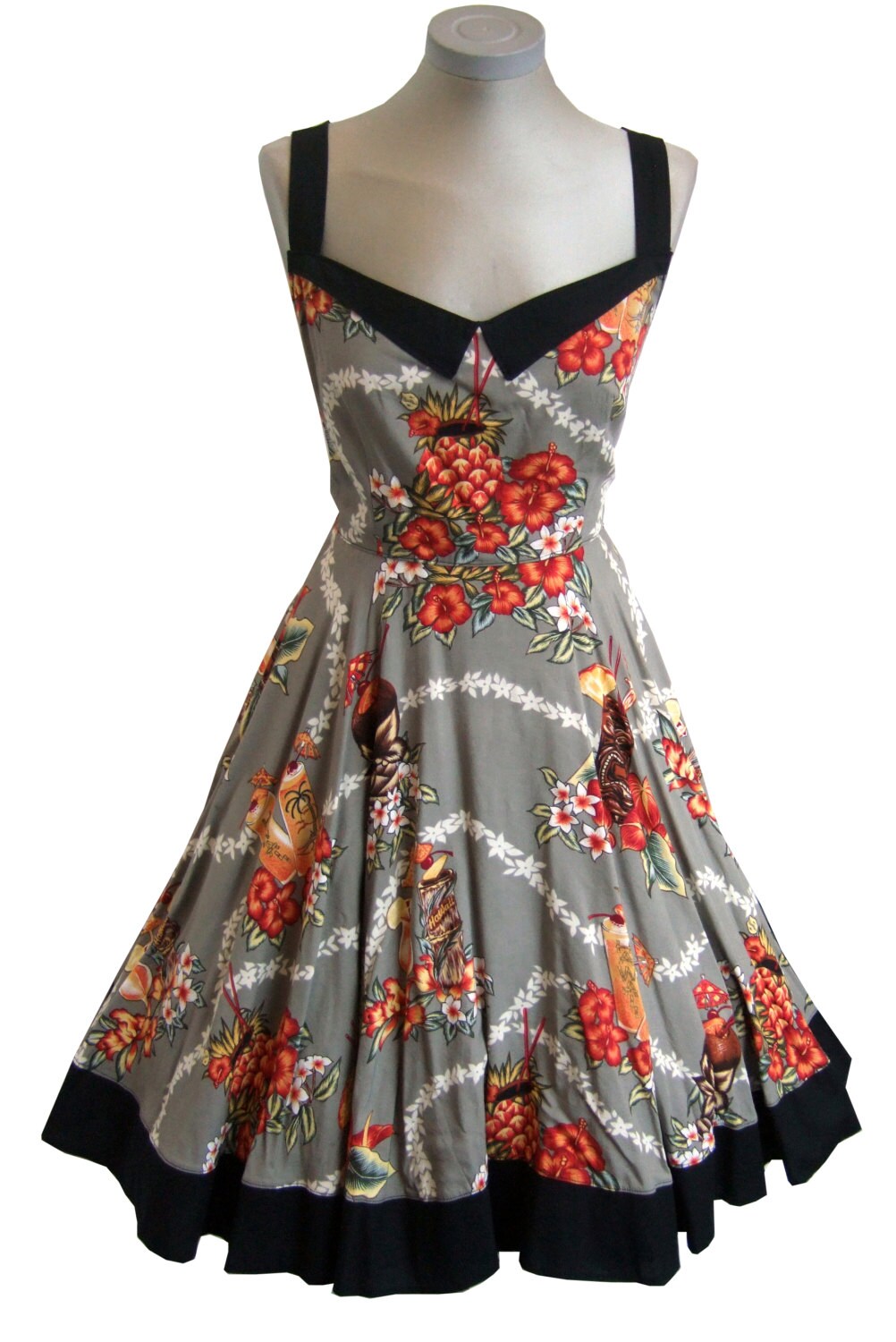 Miss Fortune Tiki Swing Dress Beige Hawaiian print