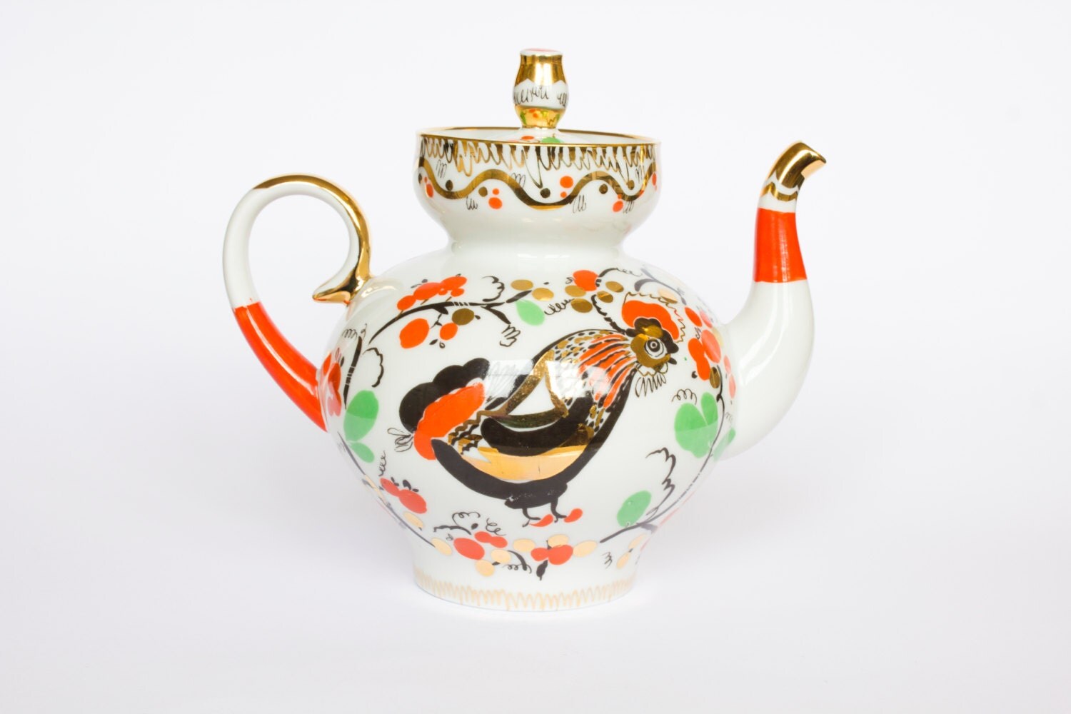 Lomonosov USSR Porcelain Teapot Folk Rooster Hand painted