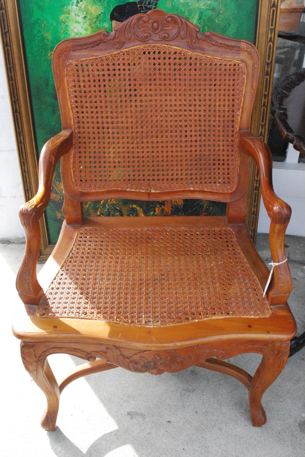 Vintage Wood and Wicker Chair with Flower Design
