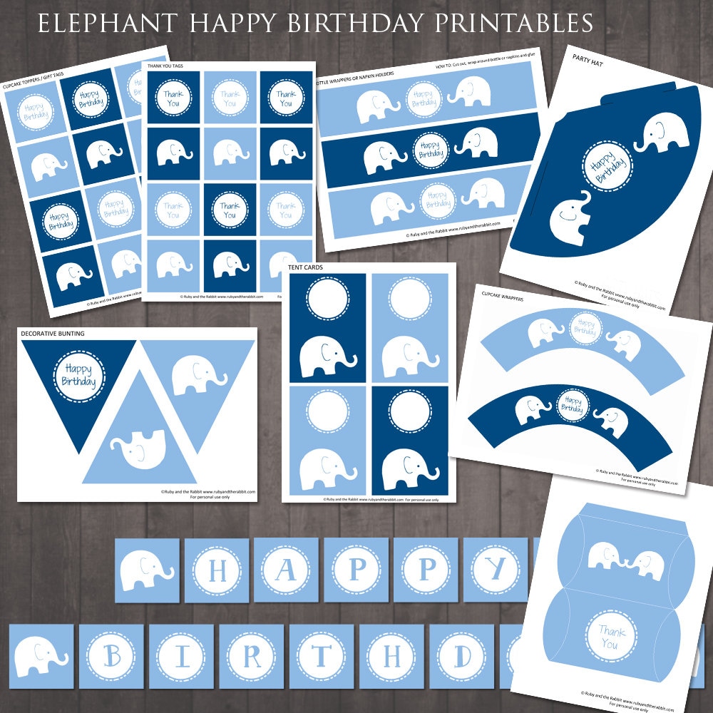 Blue elephant printable party decorations