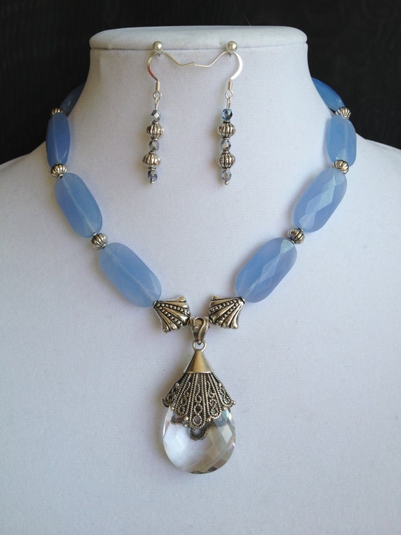 Stunning Blue Chalcedony Necklace with Crystal by JewelrybyPearle