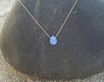 Teardrop Necklace, 14K Gold Fill, Blue Chalcedony Necklace