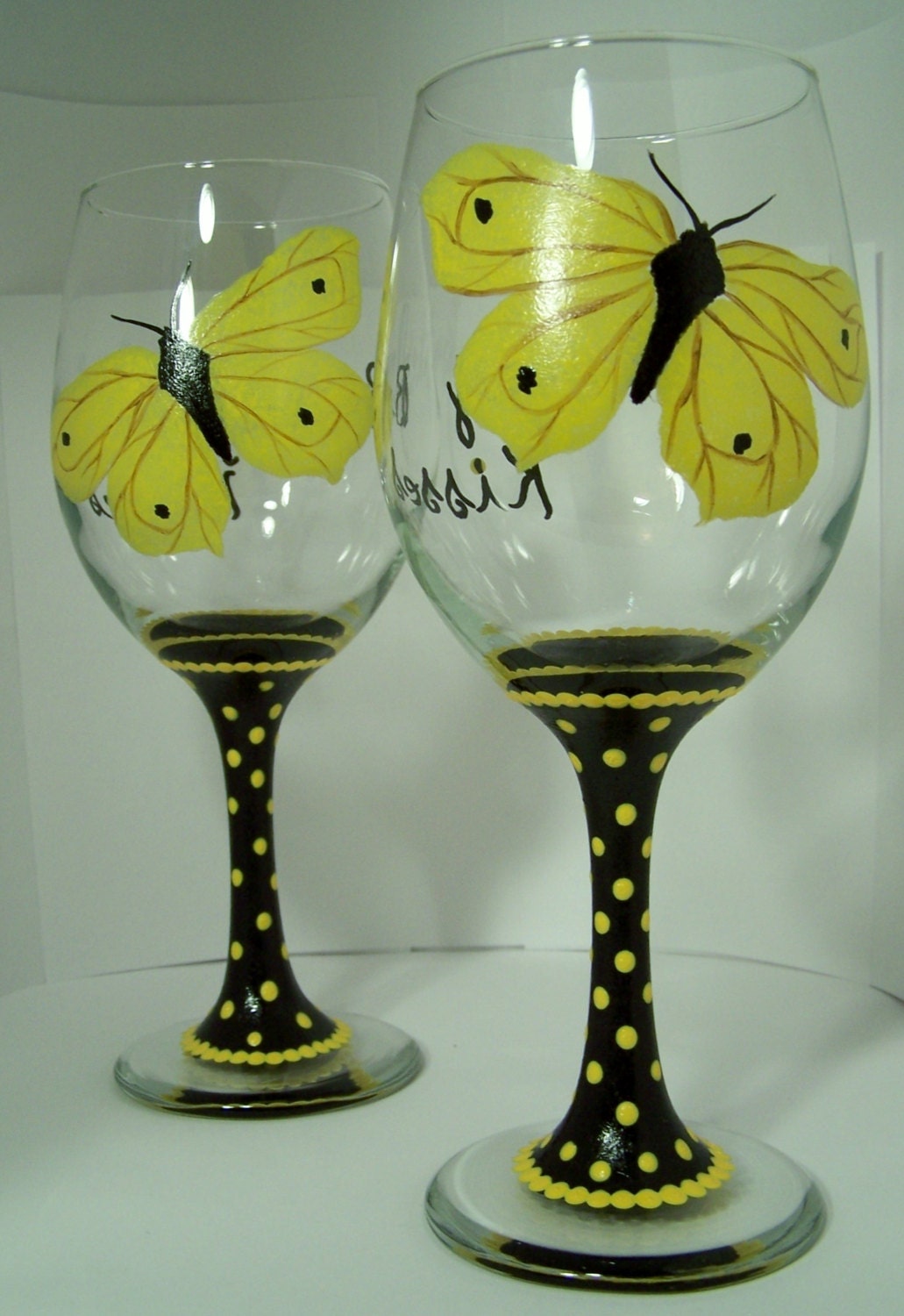 Butterfly Kisses Wine Glass Yellow Butterfly Hand Painted