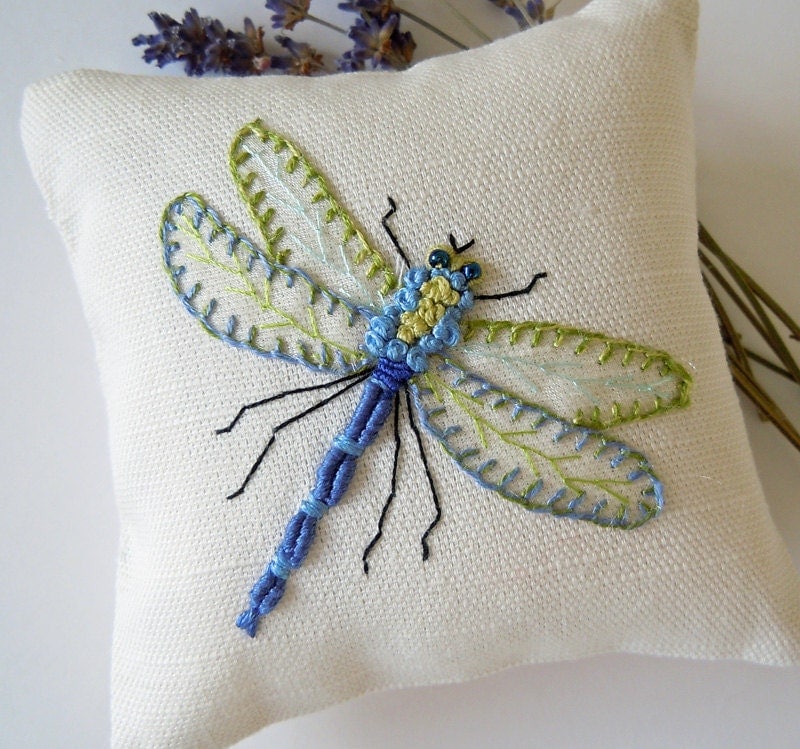 Hand Embroidered Dragonfly Lavender Scented Drawer Sachet