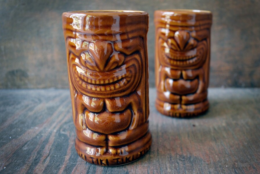 Vintage Tiki Mugs Two's Company Glazed Ceramic Tiki Cups