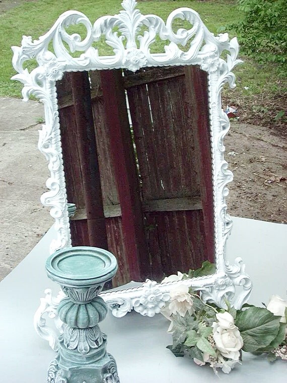 Vintage Ornate Mirror Distressed Shabby White by AnnClarkDesigns