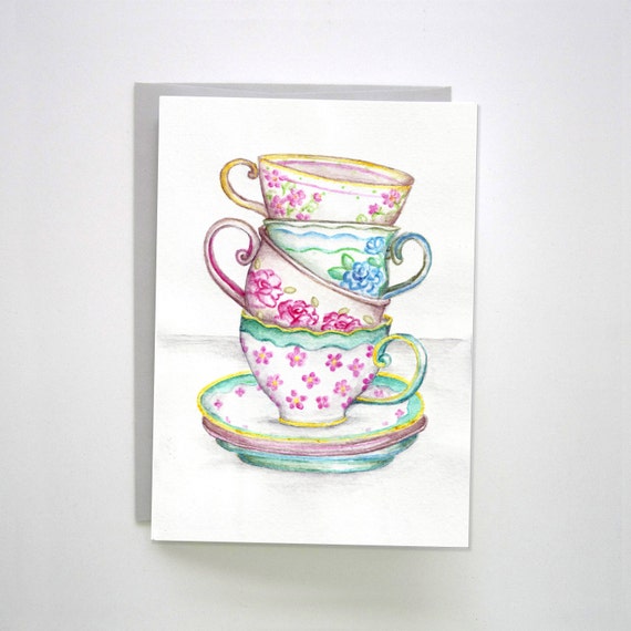 Items similar to Tea Cup Thank You Greeting Card Happy Love Birthday ...