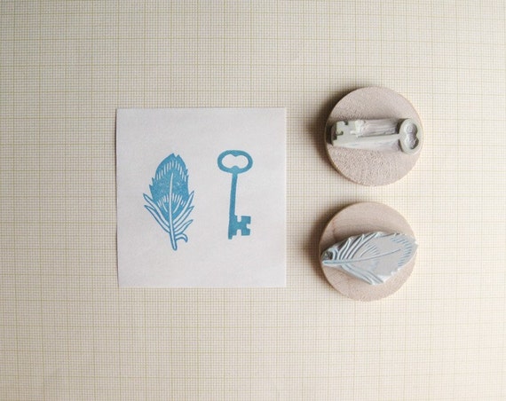 Tiny Key and Feather Hand Carved Stamp Set