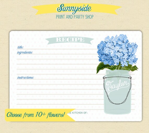Recipe Card with Mason Jar - You choose flower - Personalized Recipe Card / Printable Recipe Card Il_570xn