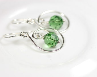 Green Swarovski Earrings Wire Wrapped Jewelry Handmade Sterling Silver Jewelry Handmade Swarovski Crystal Earrings Swarovski Crystal Jewelry