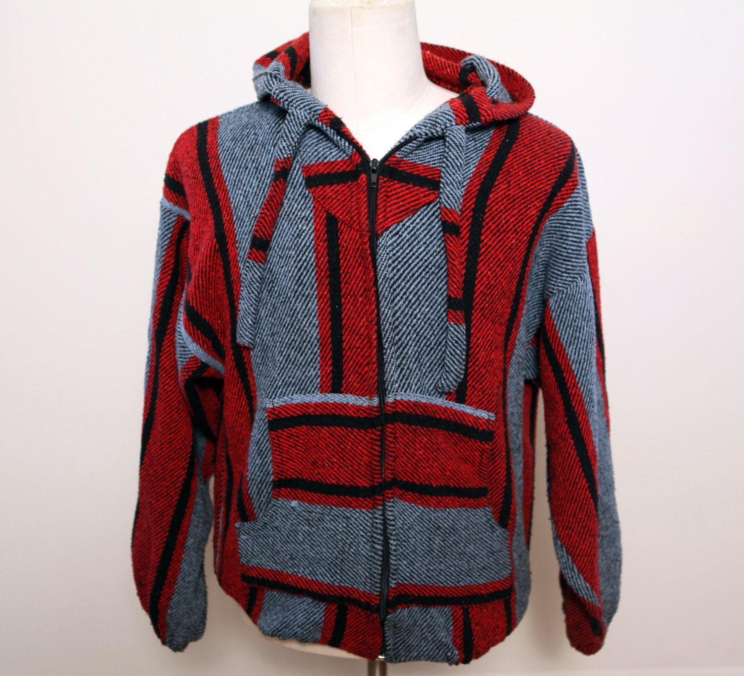 Vintage 80s baja drug rug hoodie zip up sweatshirt red blue