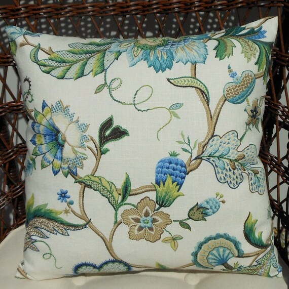 2 COLORS//Brissac Jacobean Floral on Ivory Custom Throw Pillow