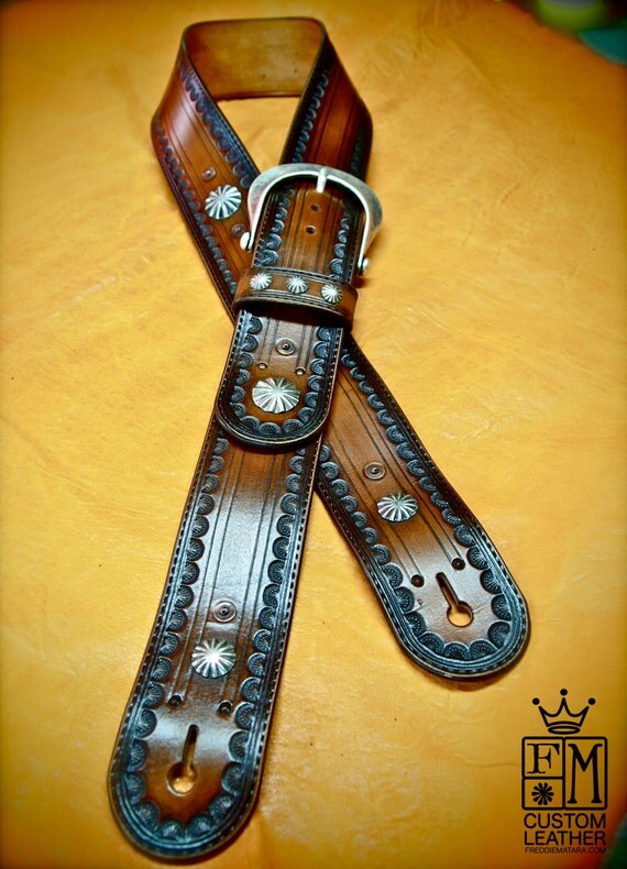 Leather Guitar Strap Brown tobacco Sunburst OUTLAW Cowboy Rockstar Tooled Vintage Style Handmade for YOU in NYC by Freddie Matara!
