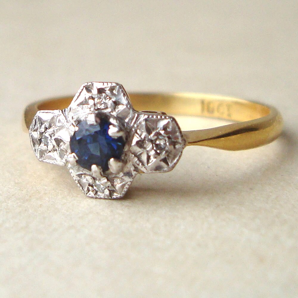 Art Deco Sapphire & Diamond Engagement Ring Antique Geometric