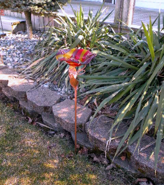 Bird Feeder in Fused Glass on Copper Stake