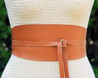 REVERSIBLE Warm Camel Brown Leather obi wrap sash caramel lambskin - XS S M L XL Plus & Petite Size - wide cinch belt - custom fabric print