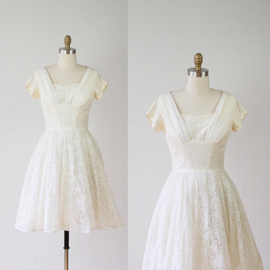 Cream Lace Dress 1950s Wedding Chiffon Trim M