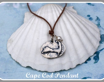 Cape Cod Map Pendant Necklace on adjustable waxed cotton. Great for Summer.