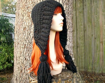Black Crochet Hat Black Womens Hat Crochet Hood Hat Black Tassel Hat Black Ear Flap Hat - Black Hat Black Hood Winter Hat - 34 Color Choices