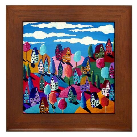 Whimsical Colorful Landscape Houses Trees Folk Art Framed