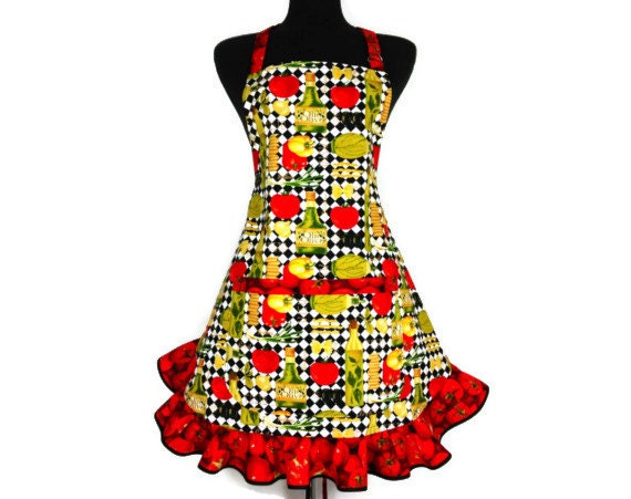 Italian Kitchen Apron for Women Olive Oil and Pasta on check