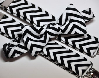 Men's Bow Tie and Suspenders Black and White Chevron