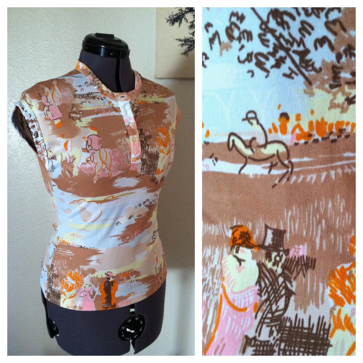 Vintage 70s pink novelty Victorian print top / by CrystalsCloset74