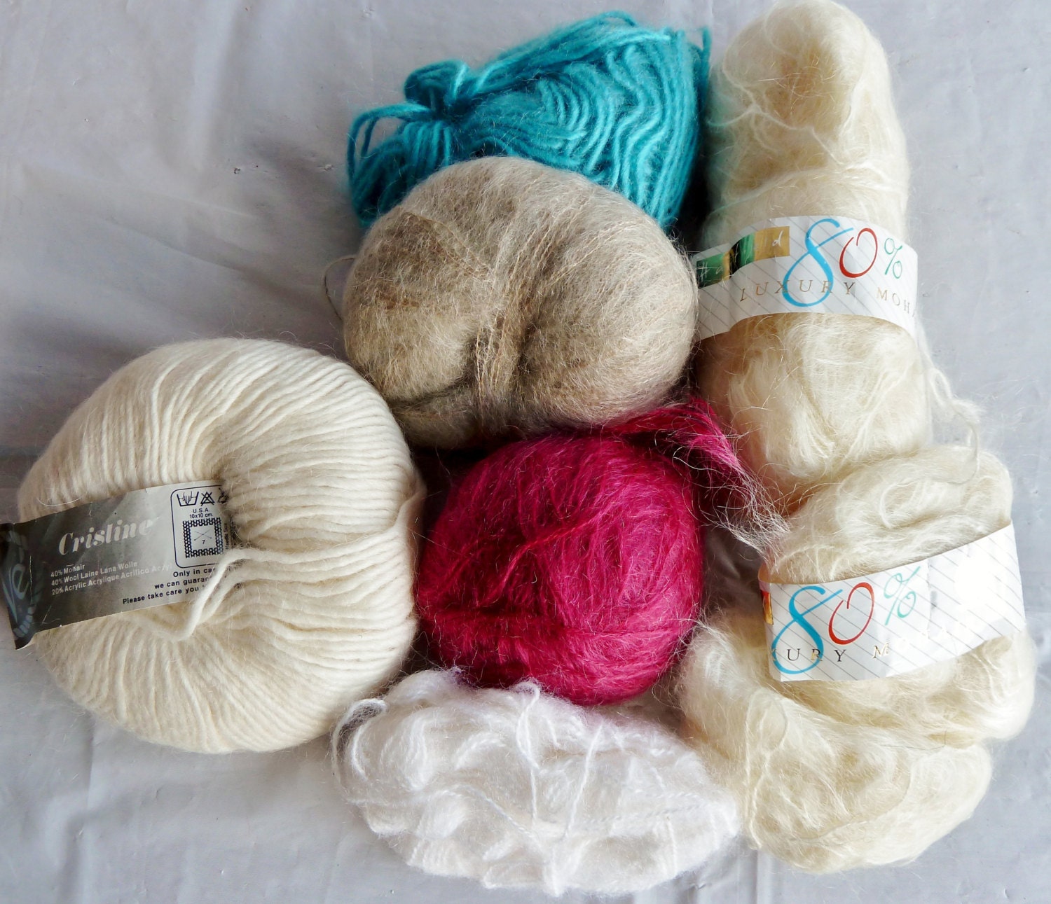 Mohair yarn multi color Hayfield white gray turquoise by MaxAndCo