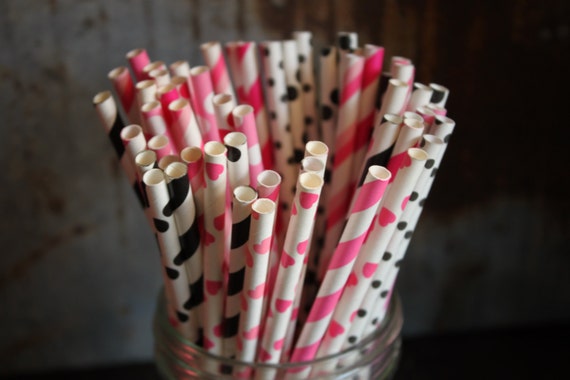 Pink and Black Paper Straws -- Set of 30 -- Hot pink, Black Il_570xn