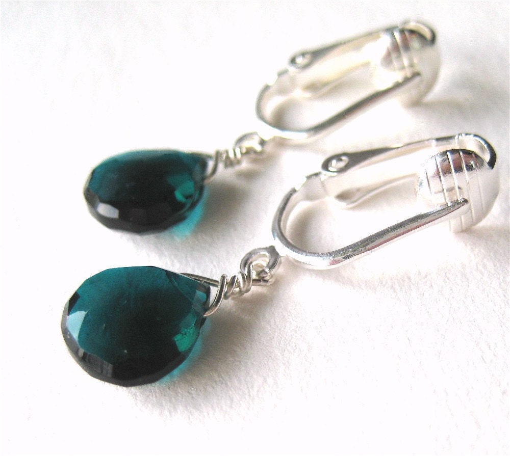 Dark Teal Quartz Clipon Earrings Silver Ear Clips Small