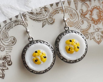 Sunflower, Vintage Glass Button Earrings