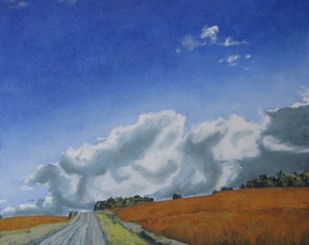 Canadian Art Large Landscape Oil Painting Country Road Sky Cloud Impressionist Eastern Townships Quebec Fournier "Across A Golden Soya Field