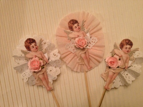 Cherub Cupcake Toppers for Valentine Decoration or Valentine Cupcakes Set of Six Il_570xn